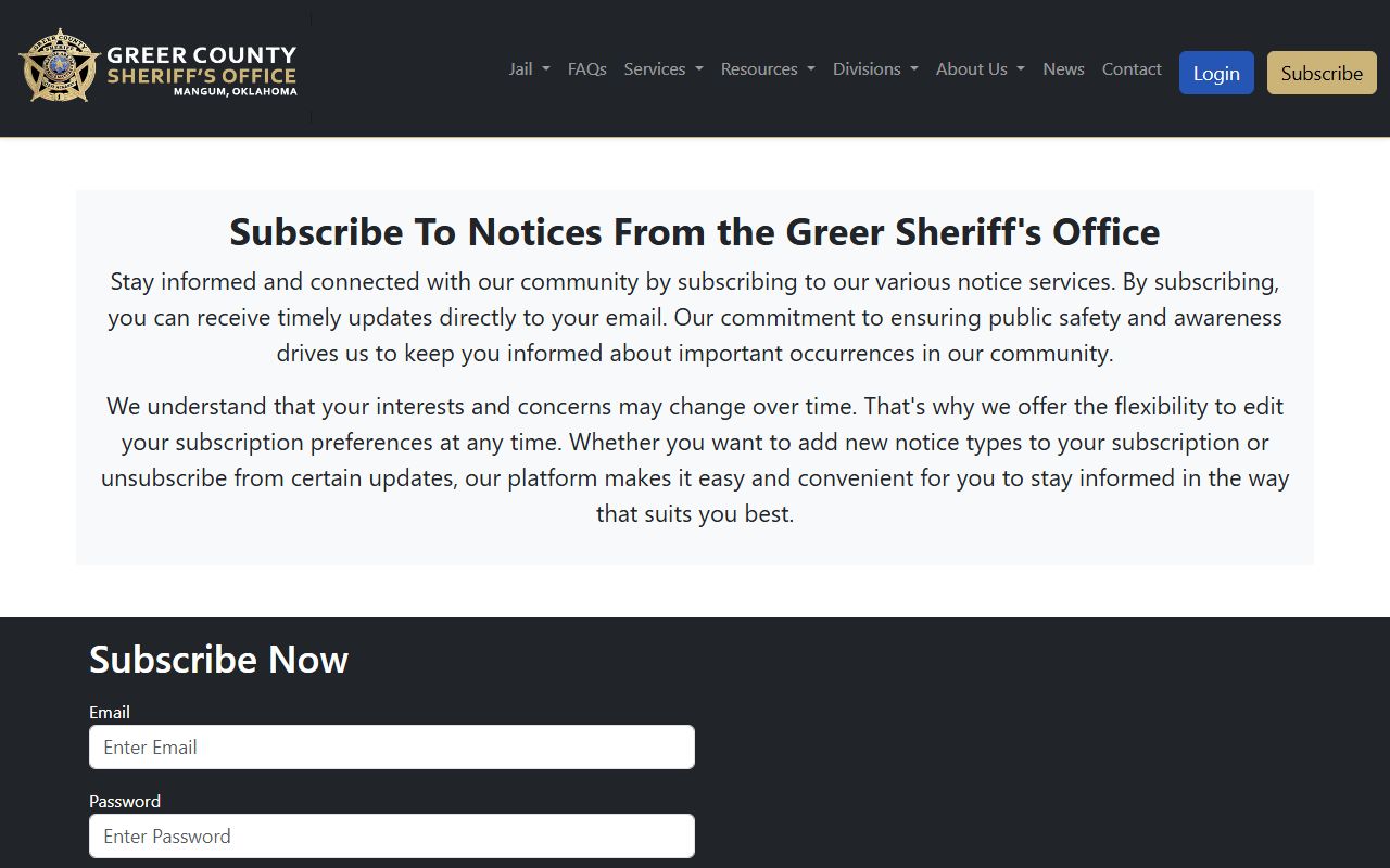 Greer County arrest records booking alert subscription page