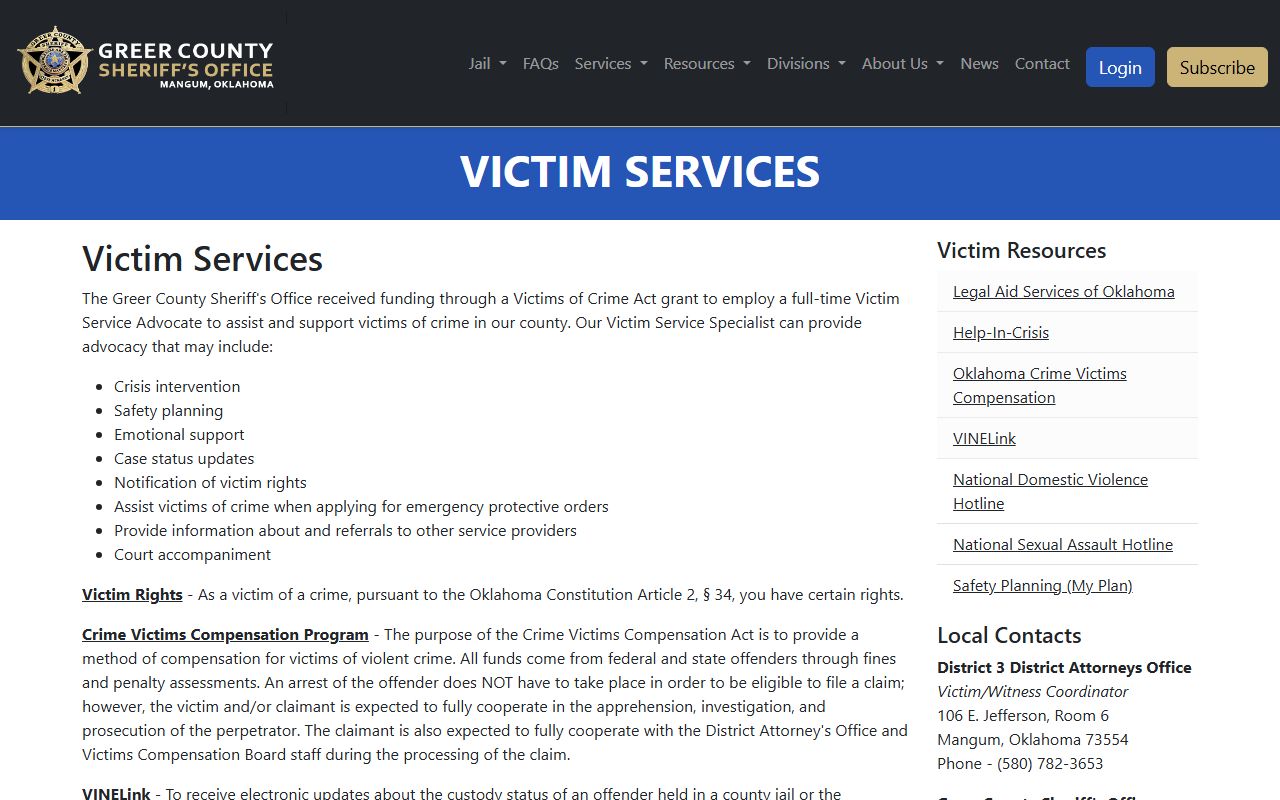 Greer County court charge records and victim services contact