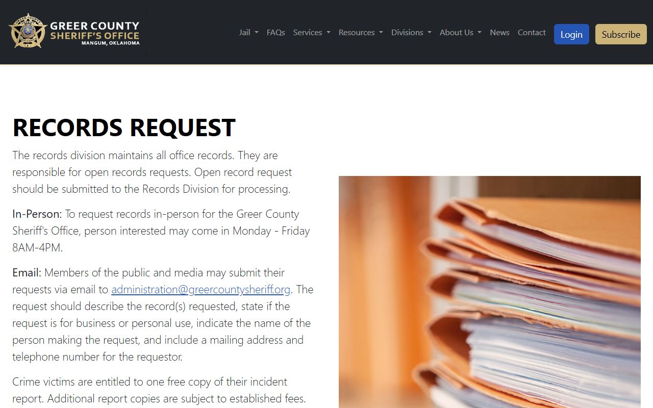 Greer County arrest and charge records request instructions