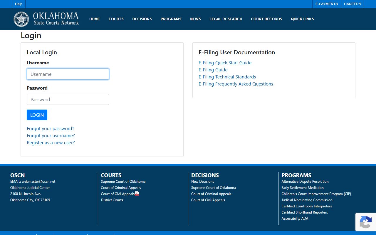 Oklahoma e-filing portal terms for Greer County court records