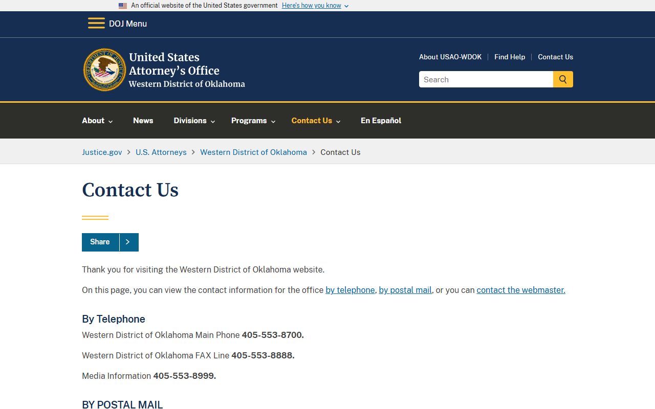 Greer County district court contact for the U.S. Attorney Western District of Oklahoma