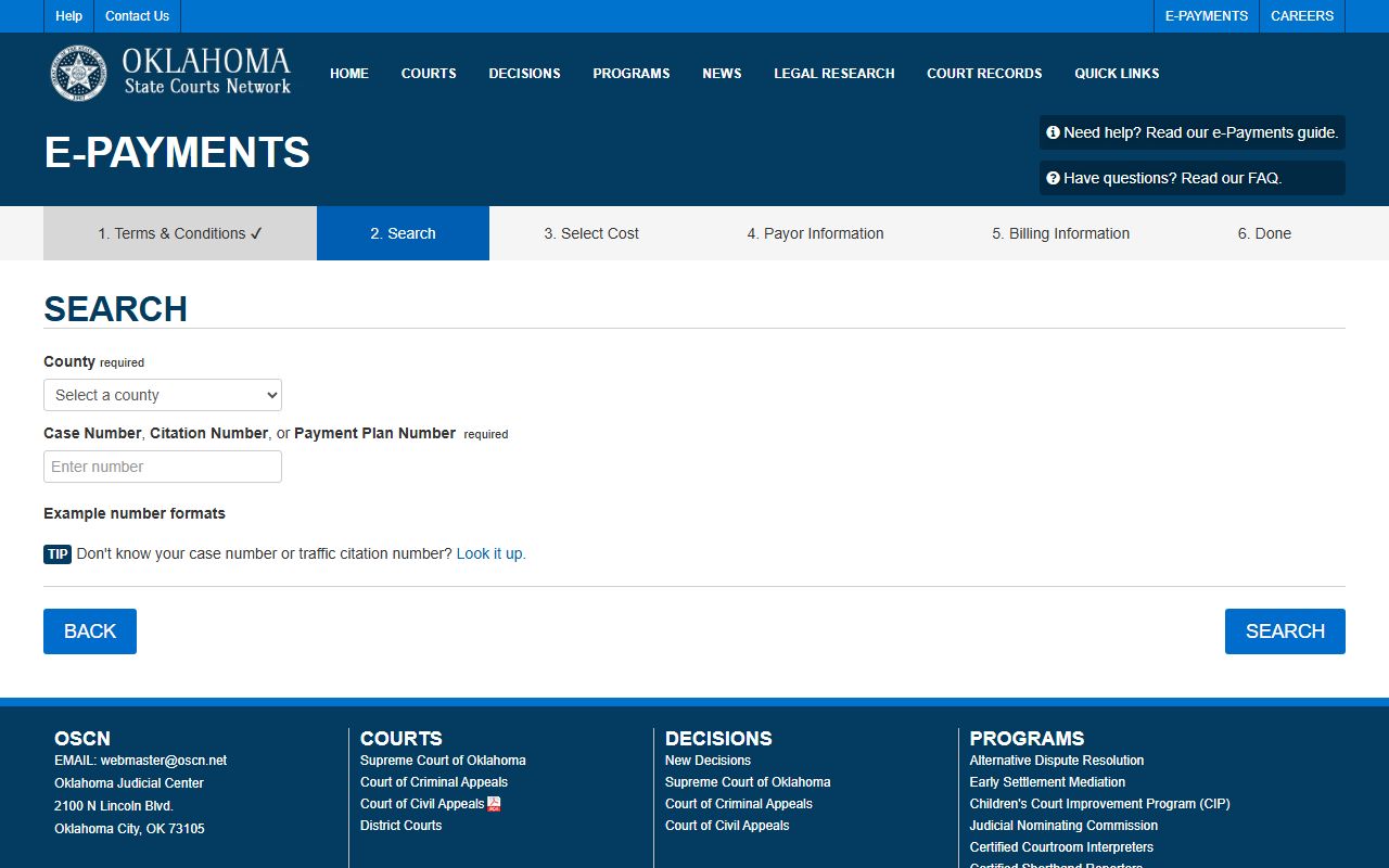 OSCN e-payments search for Greer County court records and citations