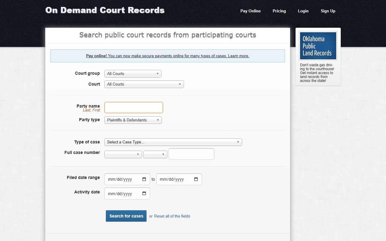 ODCR search interface for Greer County court records