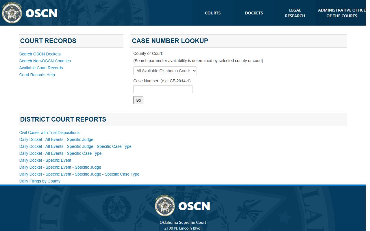 OSCN docket search landing for Greer County court records