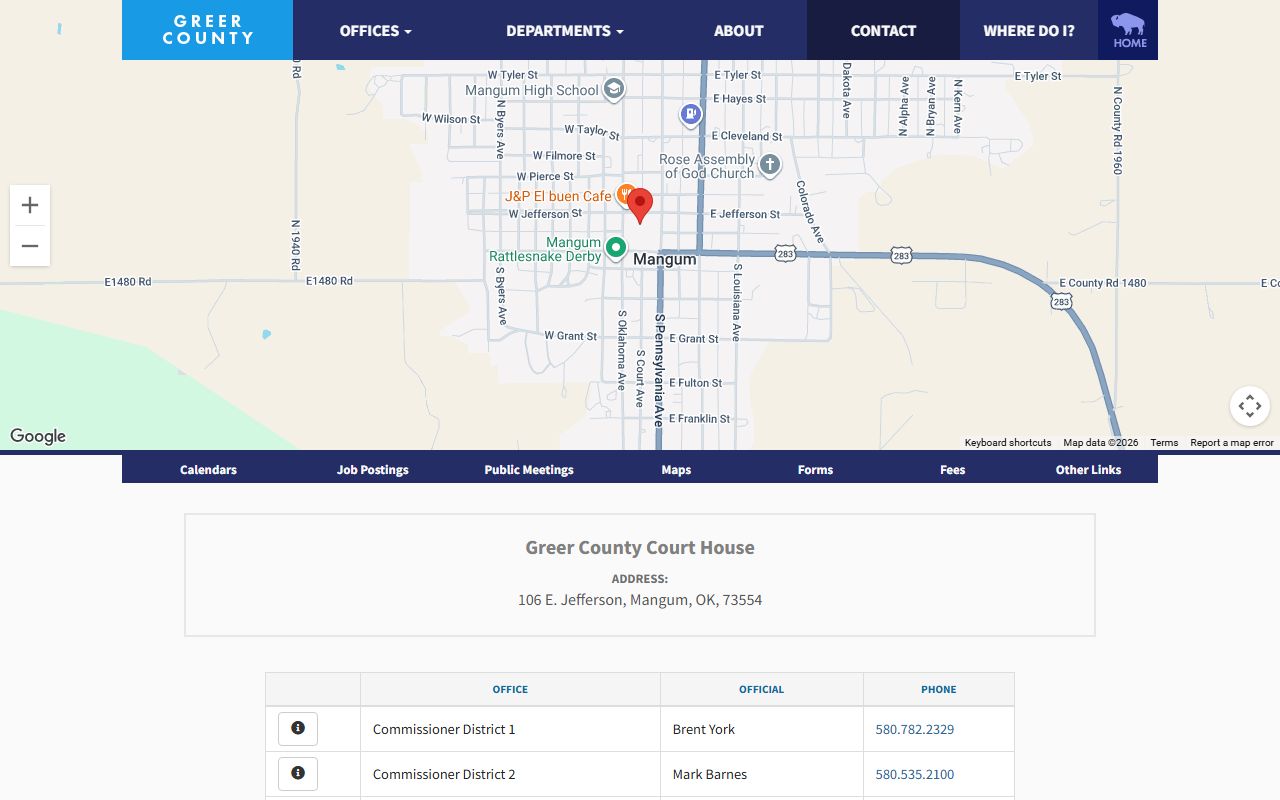 Greer County contact page with courthouse address for court records