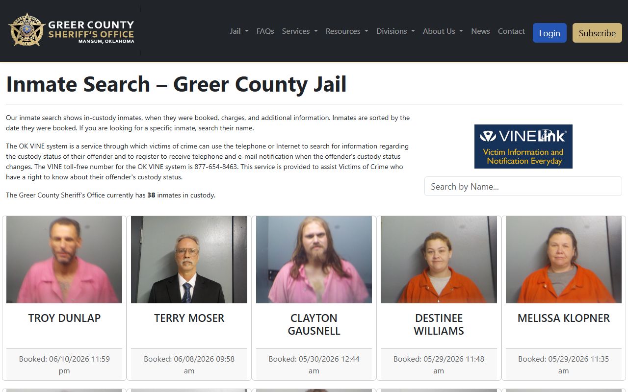 Greer County Jail inmate search page and roster with VINE notice