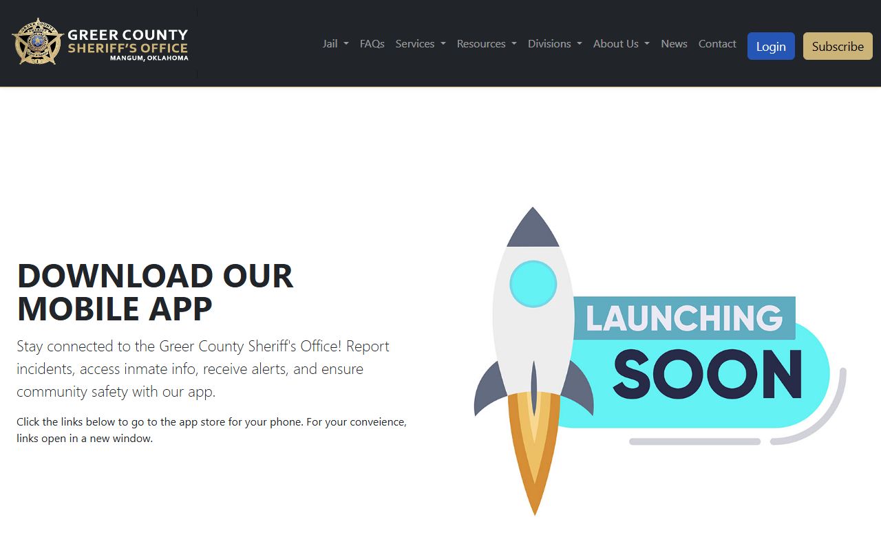 Greer County Sheriff's Office app page listing inmate and booking features