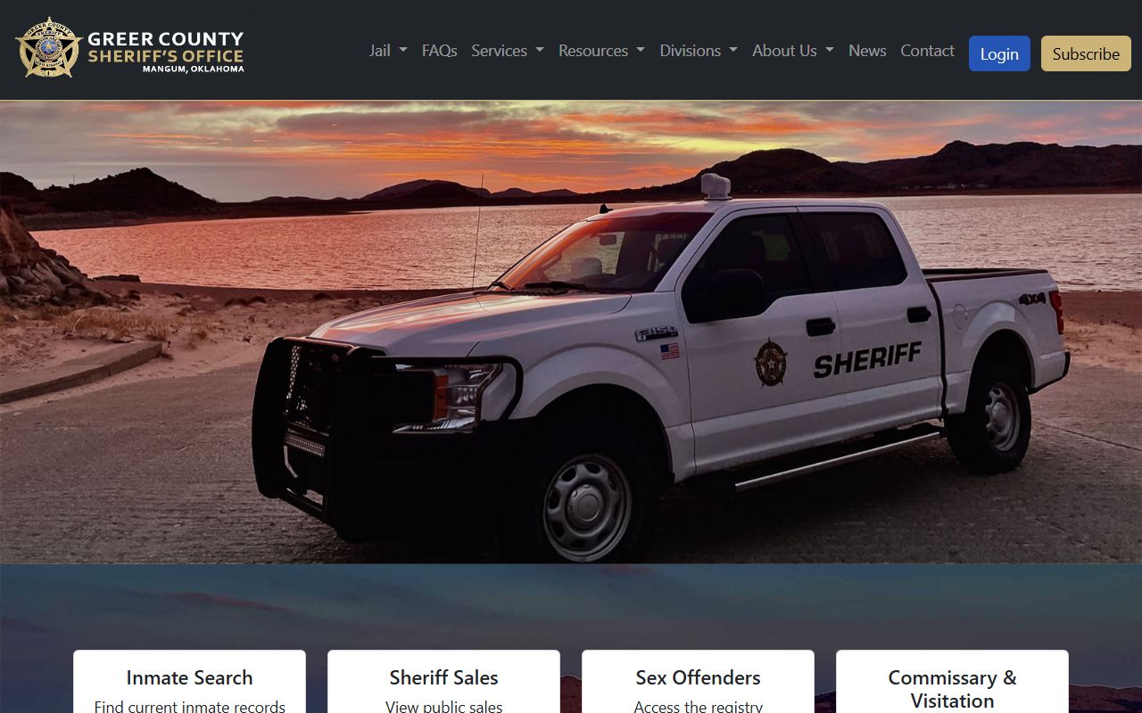 Greer County Sheriff's Office homepage with jail and inmate search links