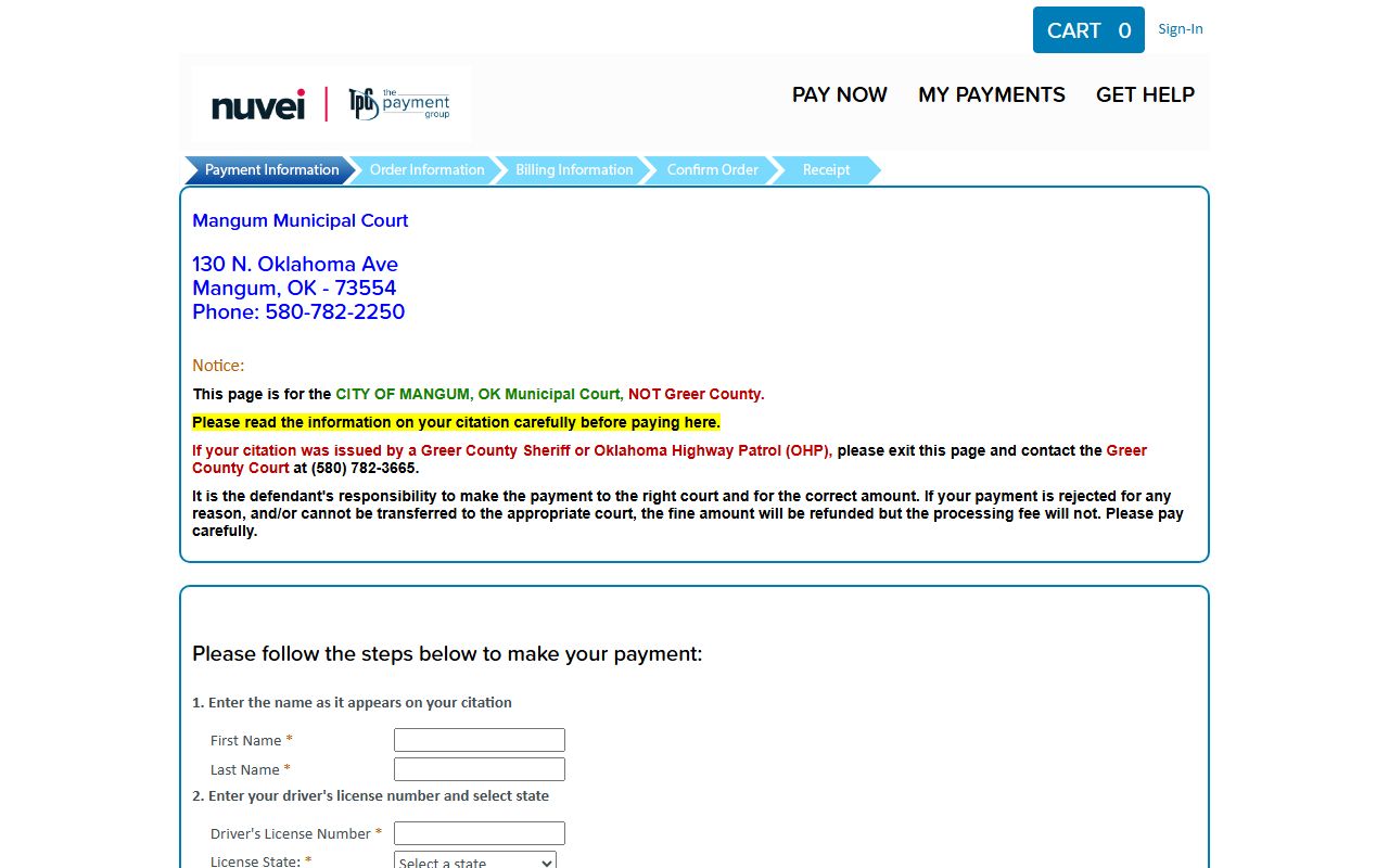 Greer County traffic court records warning on the Mangum TrafficPayment vendor page