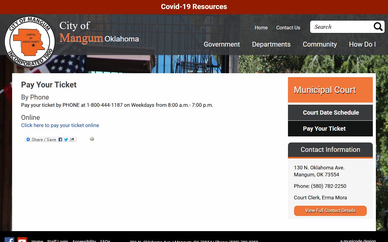 Greer County traffic court records payment options on the Mangum pay-your-ticket page