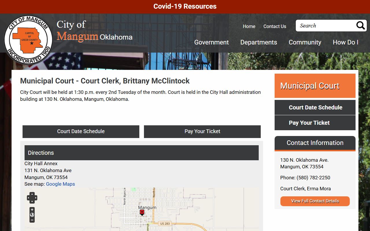Greer County traffic court records and Mangum Municipal Court schedule page