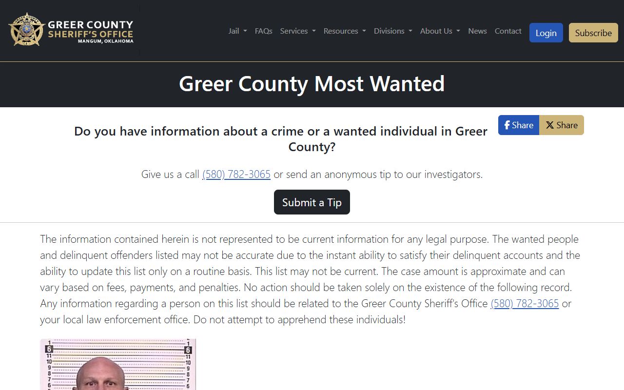 Greer County Most Wanted page used for a warrant search